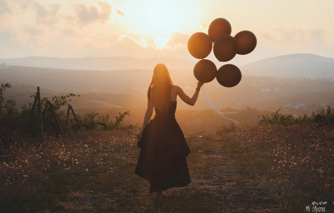 Photo wallpaper girl, landscape, sunset, the evening, dress, balloons