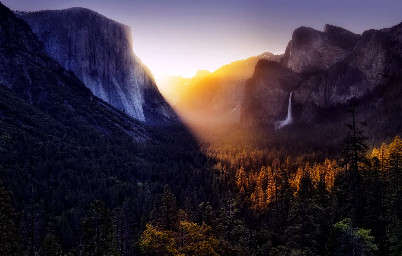 Photo wallpaper forest, the sky, light, mountains, waterfall, valley