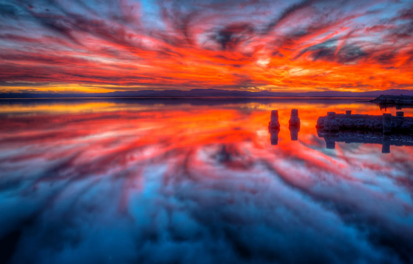 Photo wallpaper sea, the sky, clouds, reflection, glow