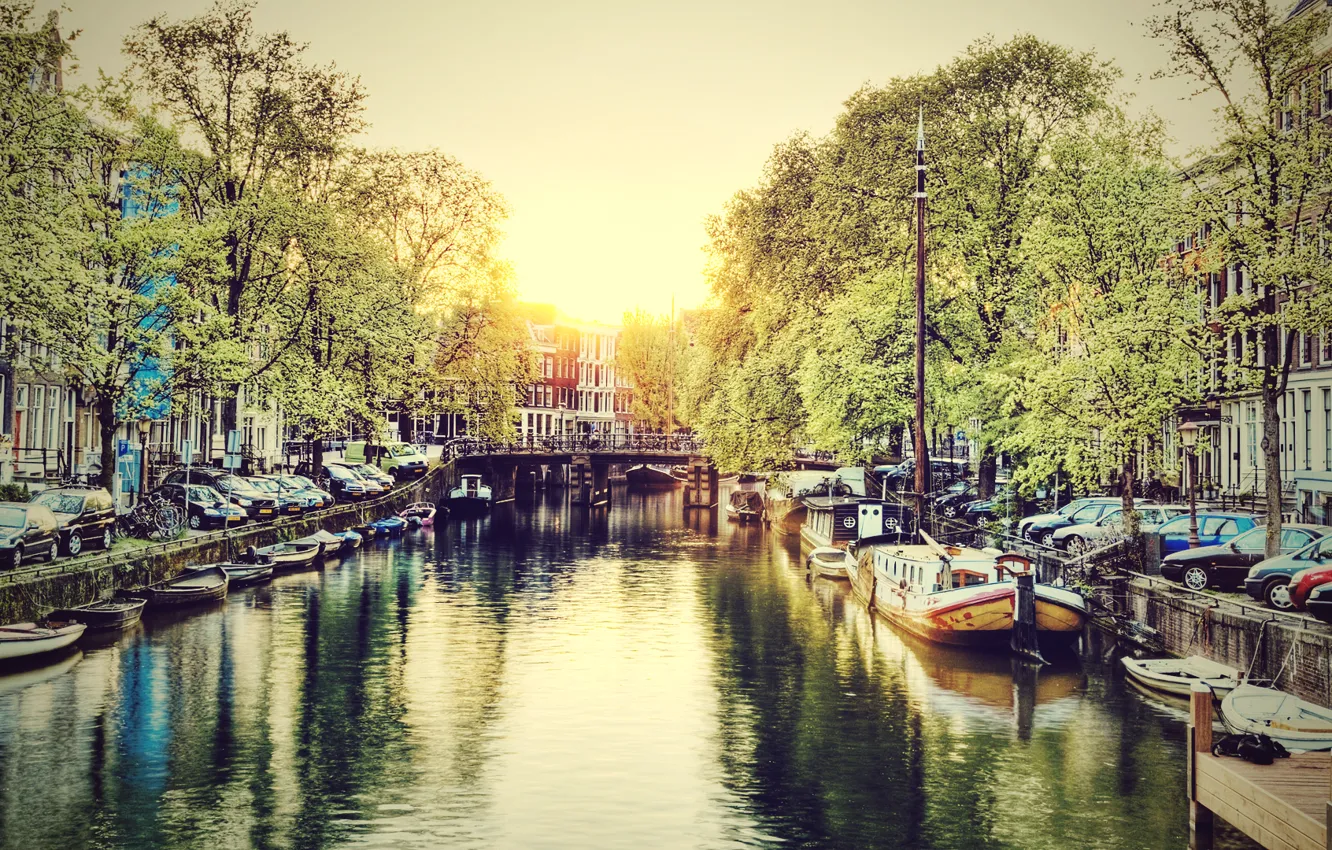 Photo wallpaper Water, The city, Channel, Dawn, Amsterdam, Netherlands, Amsterdam, Holland