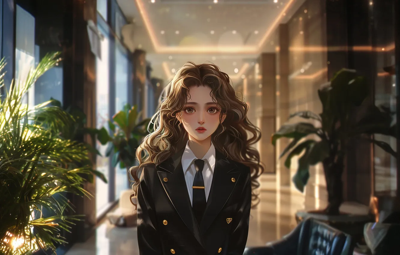 Photo wallpaper girl, surprise, curls, hall
