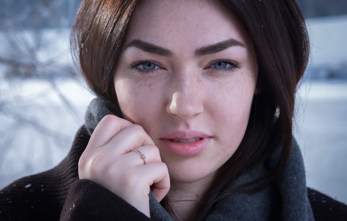Photo wallpaper winter, look, girl, snow, close-up, face, portrait, makeup