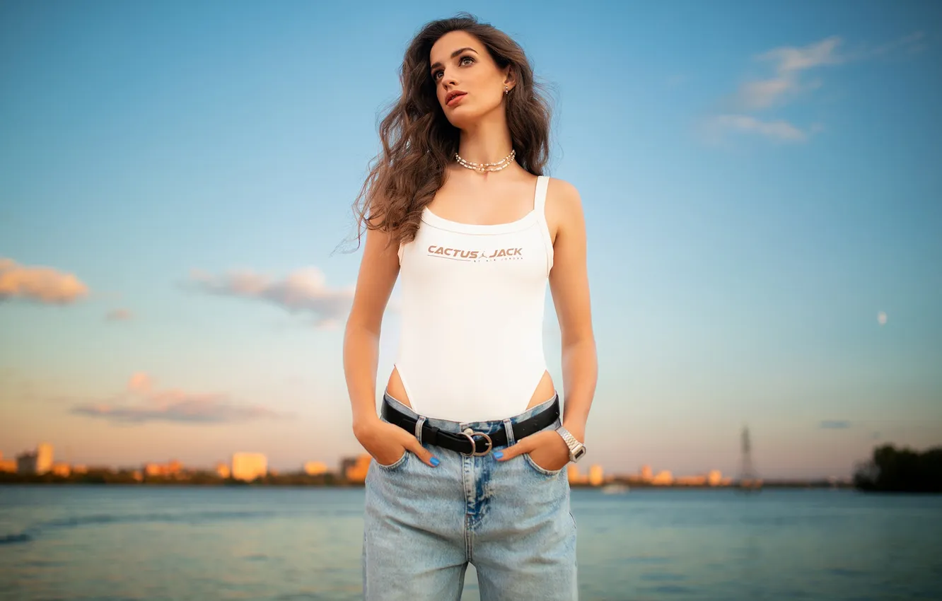 Photo wallpaper girl, pose, river, jeans, hands, figure, body, Dmitry Shulgin