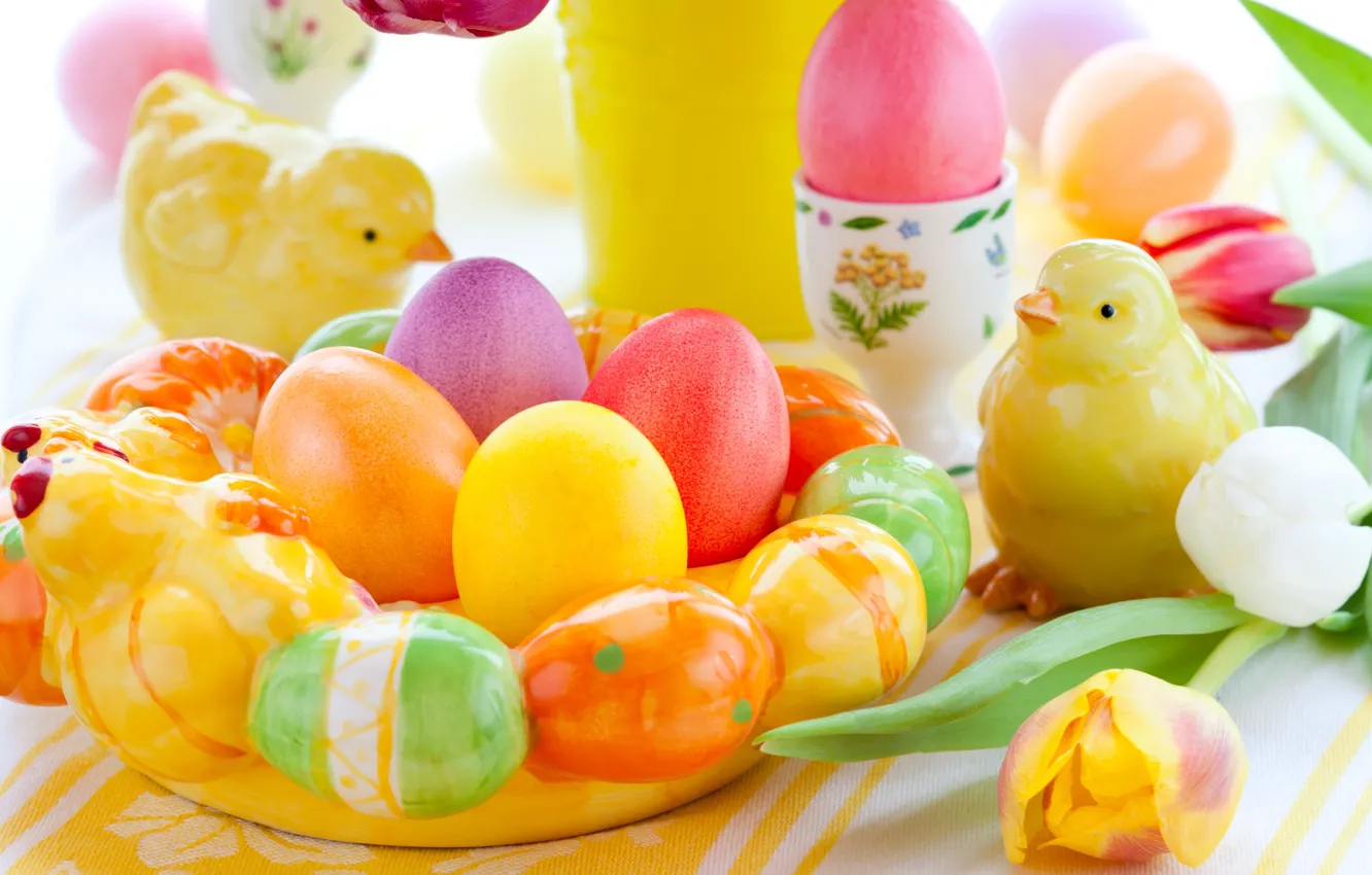Photo wallpaper holiday, chickens, eggs, spring, Easter, tulips, figures, Easter