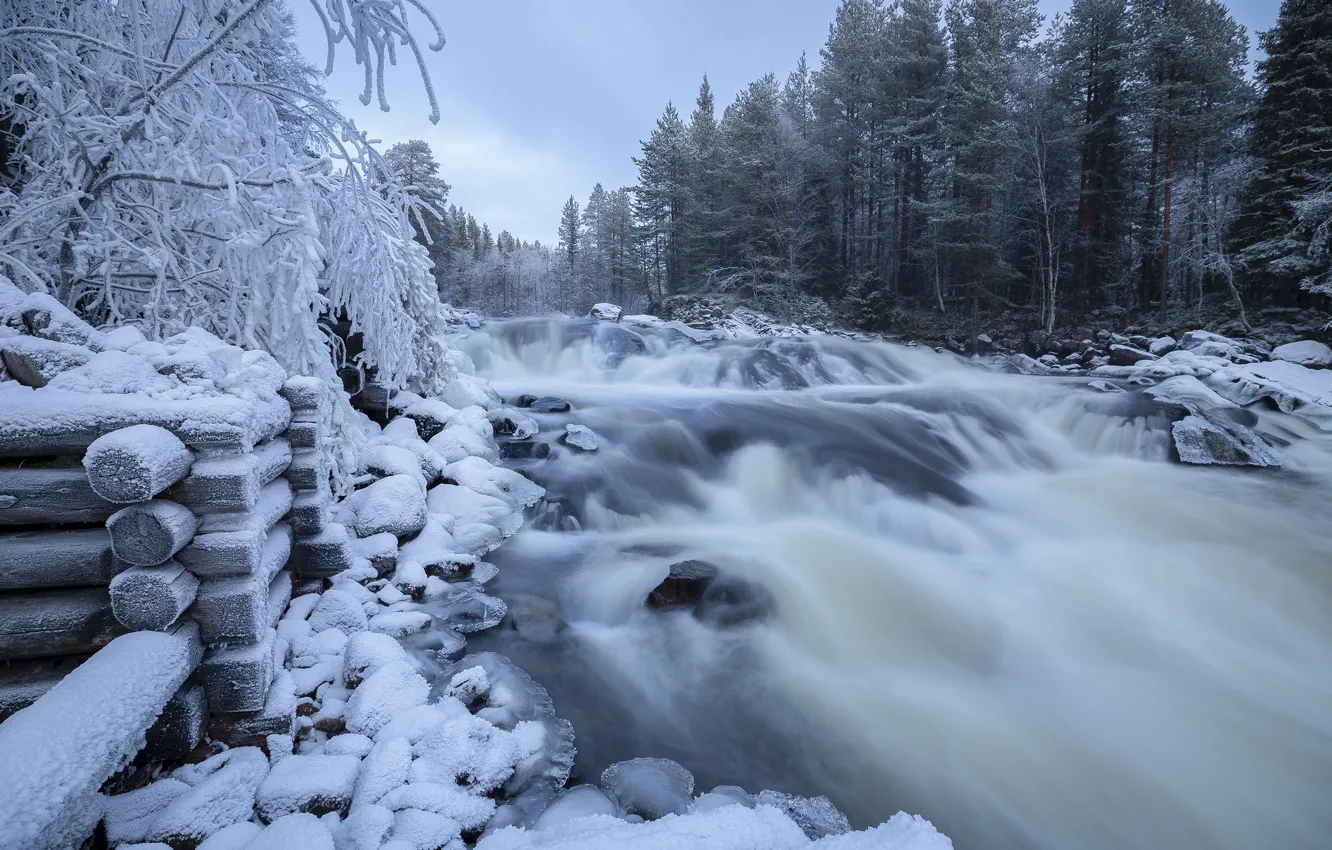 Photo wallpaper winter, snow, landscape, nature, river, stones, forest, logs