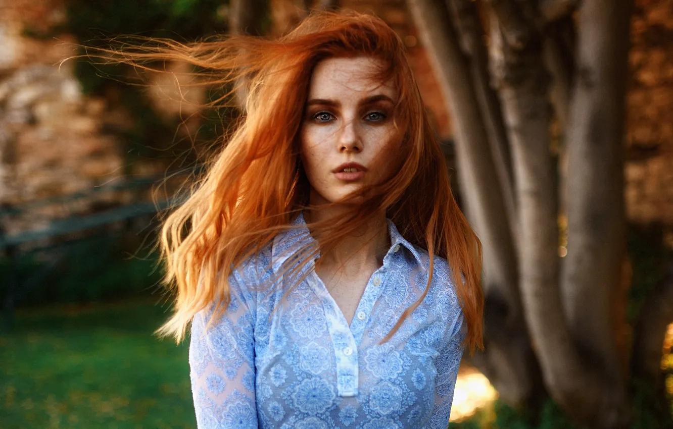 Photo wallpaper look, model, portrait, makeup, hairstyle, blouse, beauty, redhead