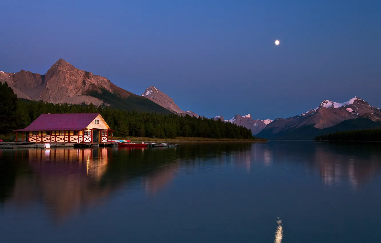 Photo wallpaper the sky, mountains, lake, boat, the evening, Kevin McNeal