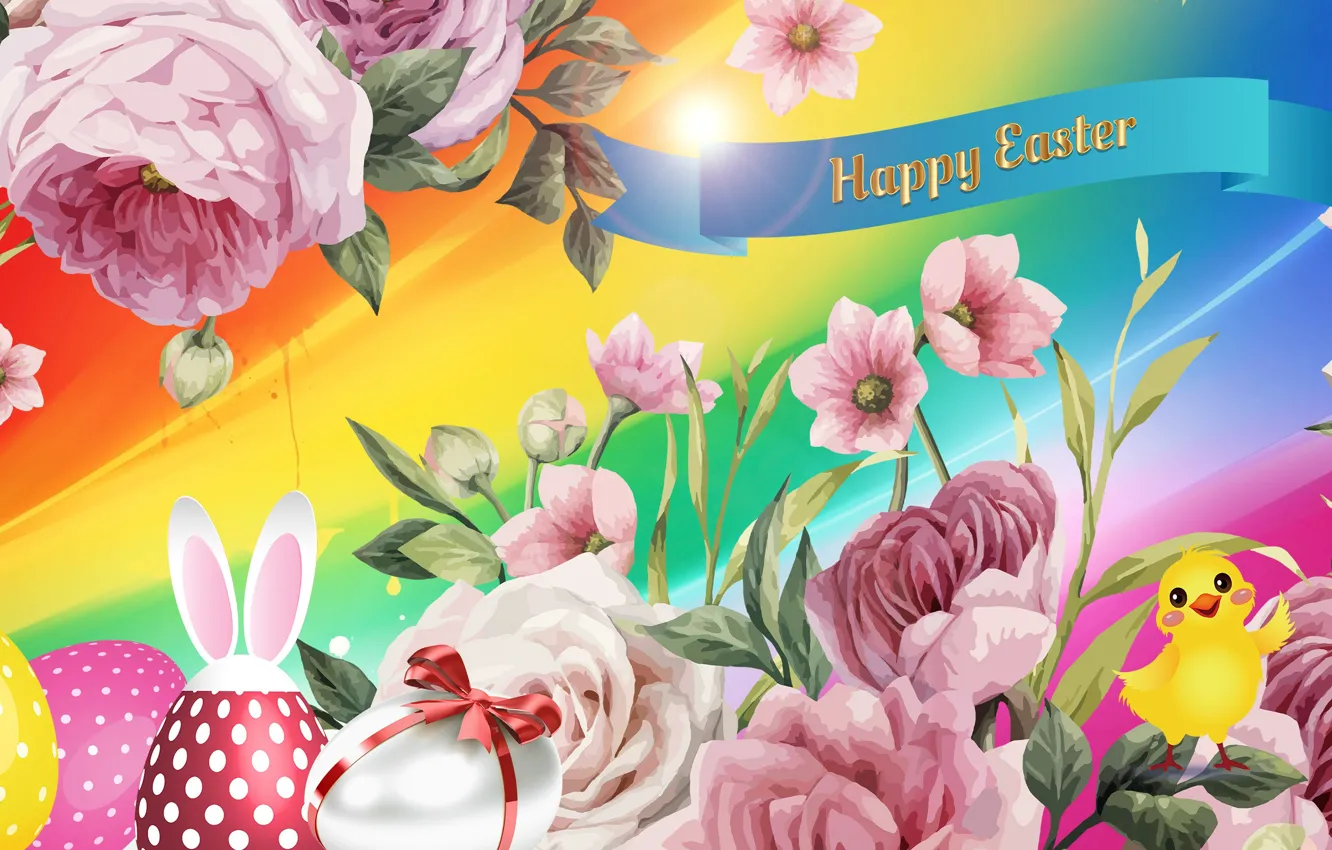 Photo wallpaper Graphics, Flowers, Easter eggs, Chicken