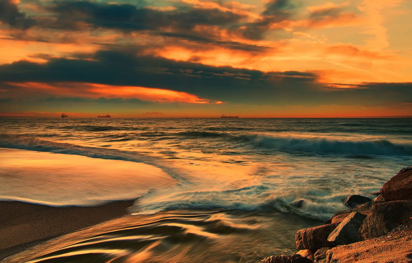 Photo wallpaper sea, wave, beach, sunset, stones, ships, the evening, horizon