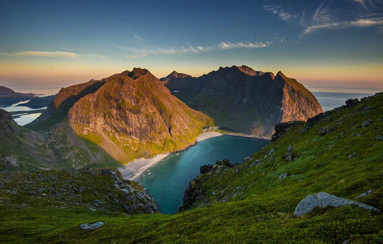 Photo wallpaper sea, the sky, clouds, sunset, mountains, lake