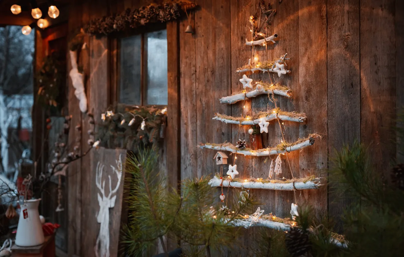 Photo wallpaper light, branches, comfort, house, room, wall, holiday, Board