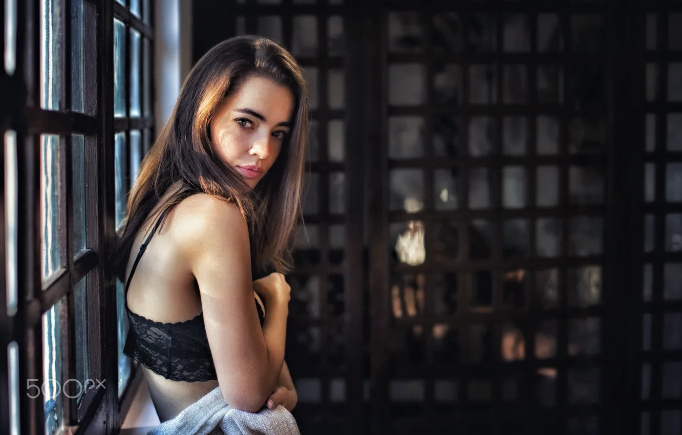 Photo wallpaper model, looking at camera, Pablo Cañas, At The WIndow