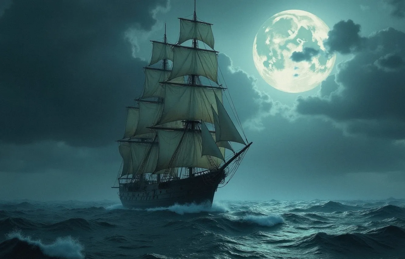 Photo wallpaper sea, the moon, sailboat, sail, neural network