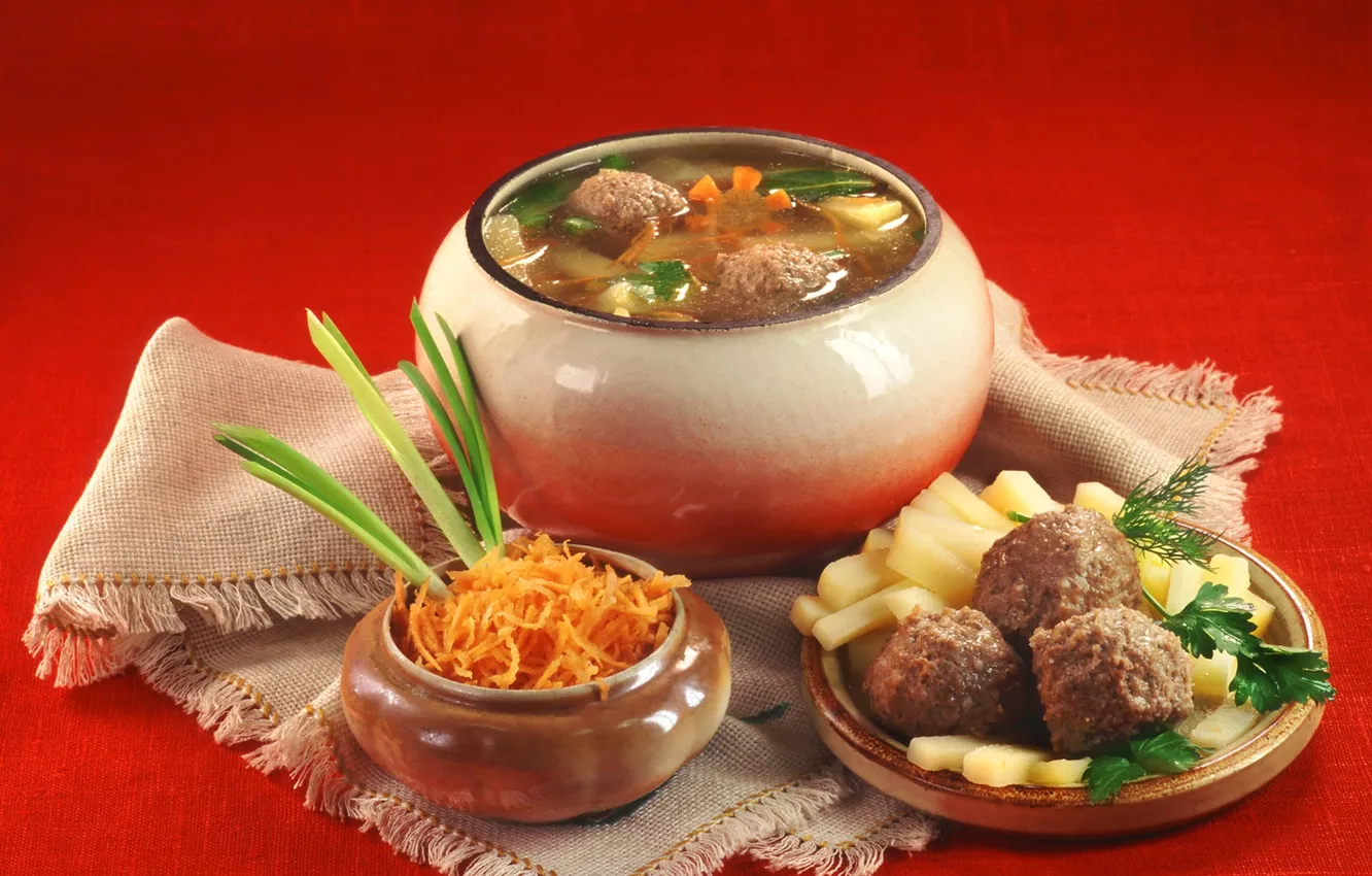 Photo wallpaper carrot, bow, dill, soup, tablecloth, pot, potatoes, Russian cuisine