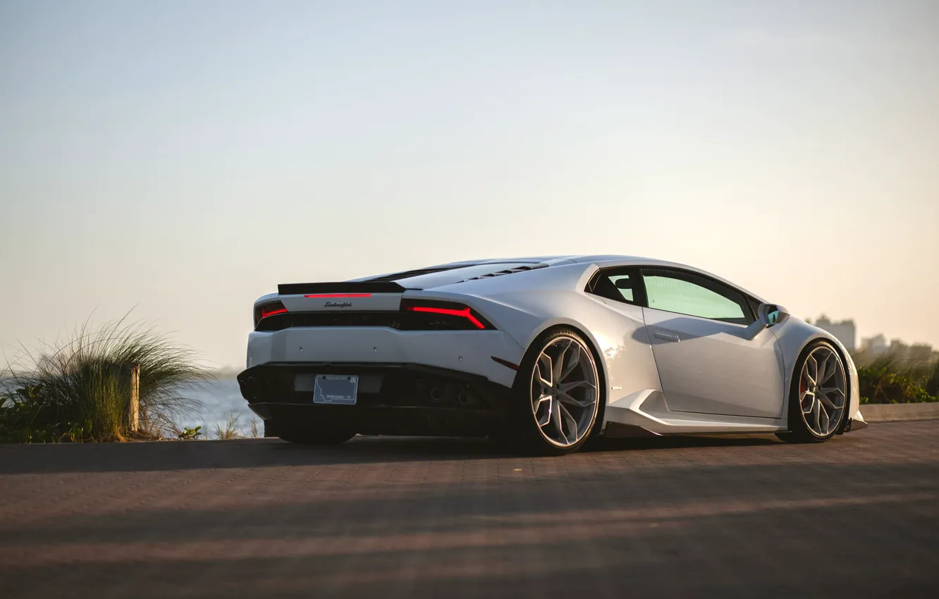 Photo wallpaper white, wheels, lamborghini, sportcar, sky, street, huracan