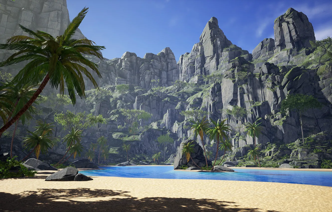 Photo wallpaper palm trees, rocks, Laguna, island, Tropical island