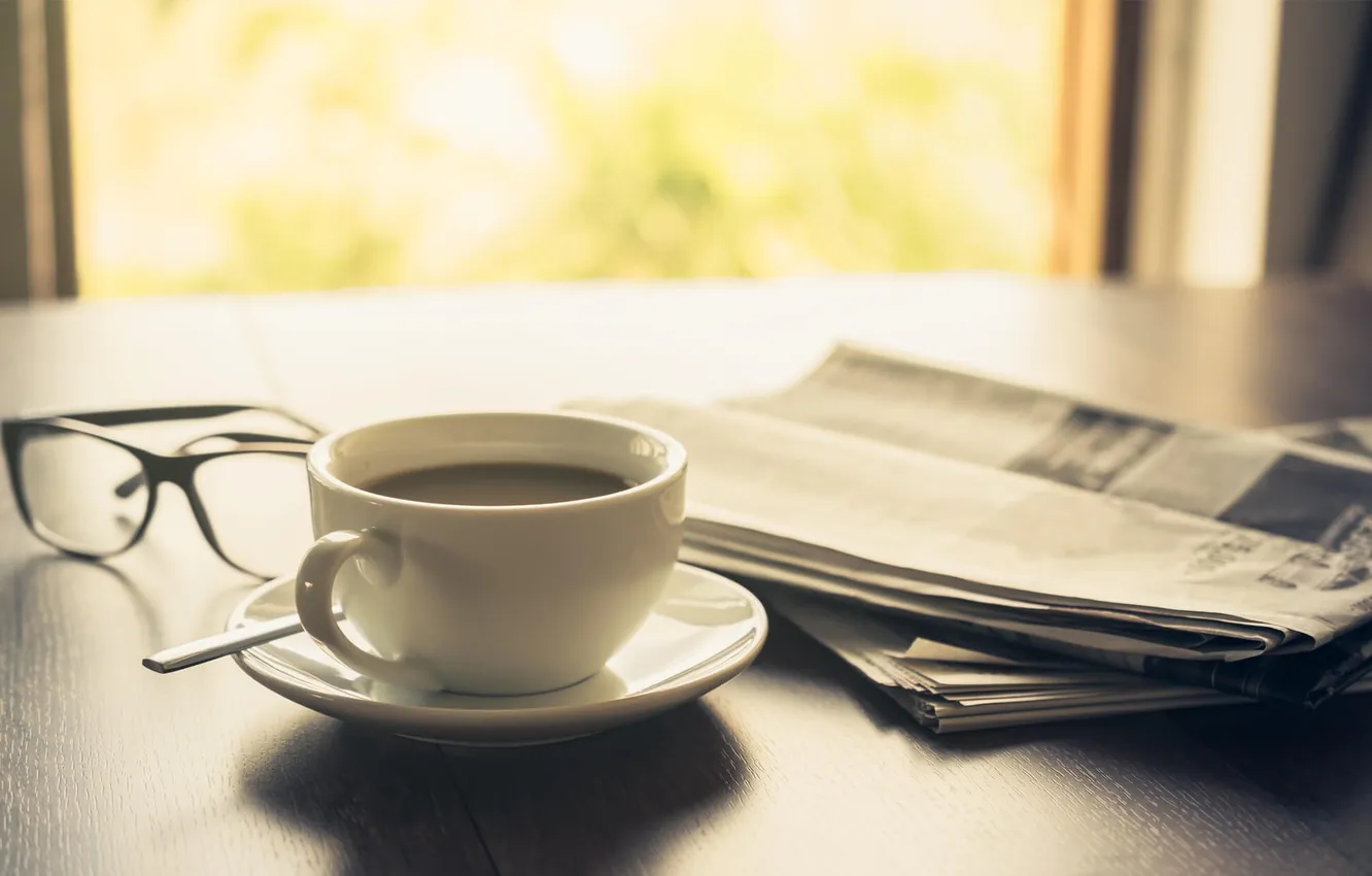 Photo wallpaper table, mood, coffee, morning, window, glasses, newspaper, sunlight