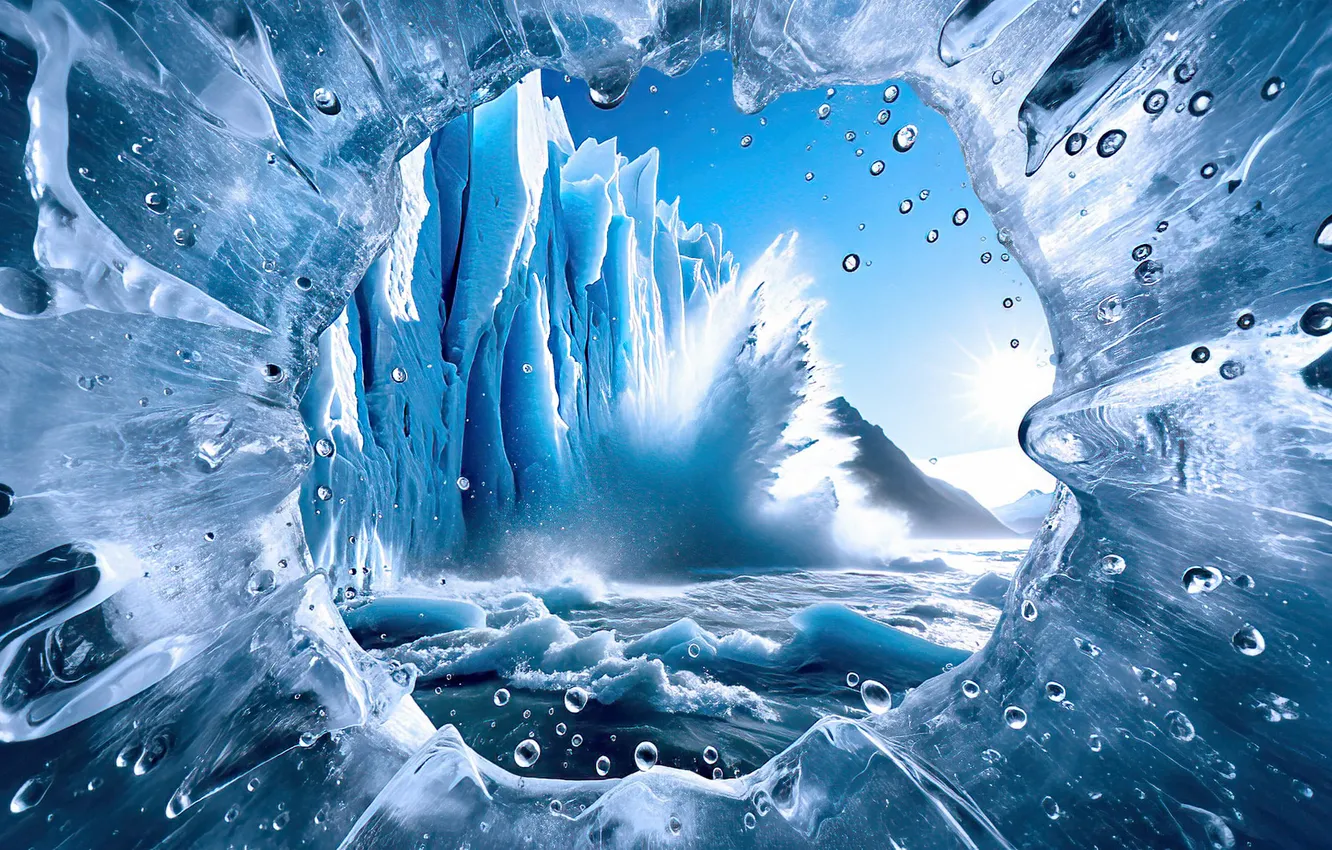 Photo wallpaper ice, winter, sea, wave, the sky, water, transparency, drops