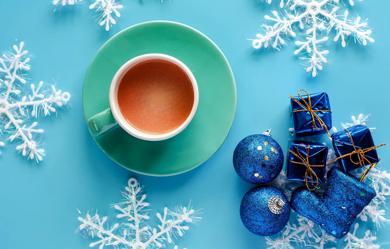Photo wallpaper winter, snowflakes, background, blue, New Year, Christmas, Cup, Christmas