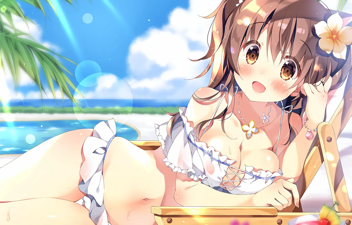 Photo wallpaper girl, sexy, cleavage, beach, long hair, sea, boobs, anime