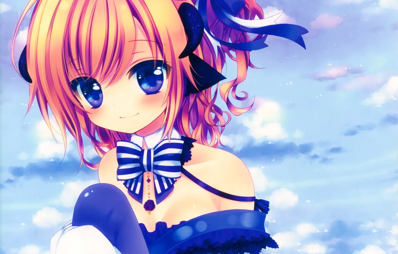 Photo wallpaper the sky, girl, clouds, smile, anime, art, bow, konno kengo