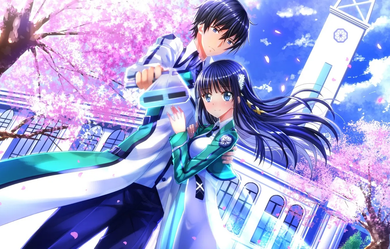 Photo wallpaper the sky, girl, clouds, gun, weapons, anime, petals, Sakura