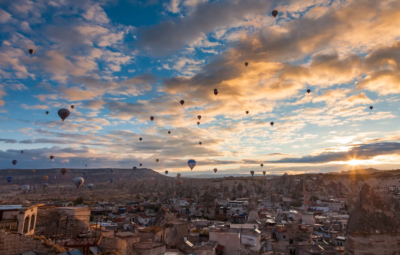 Photo wallpaper the sky, clouds, mountains, the city, balloon, home