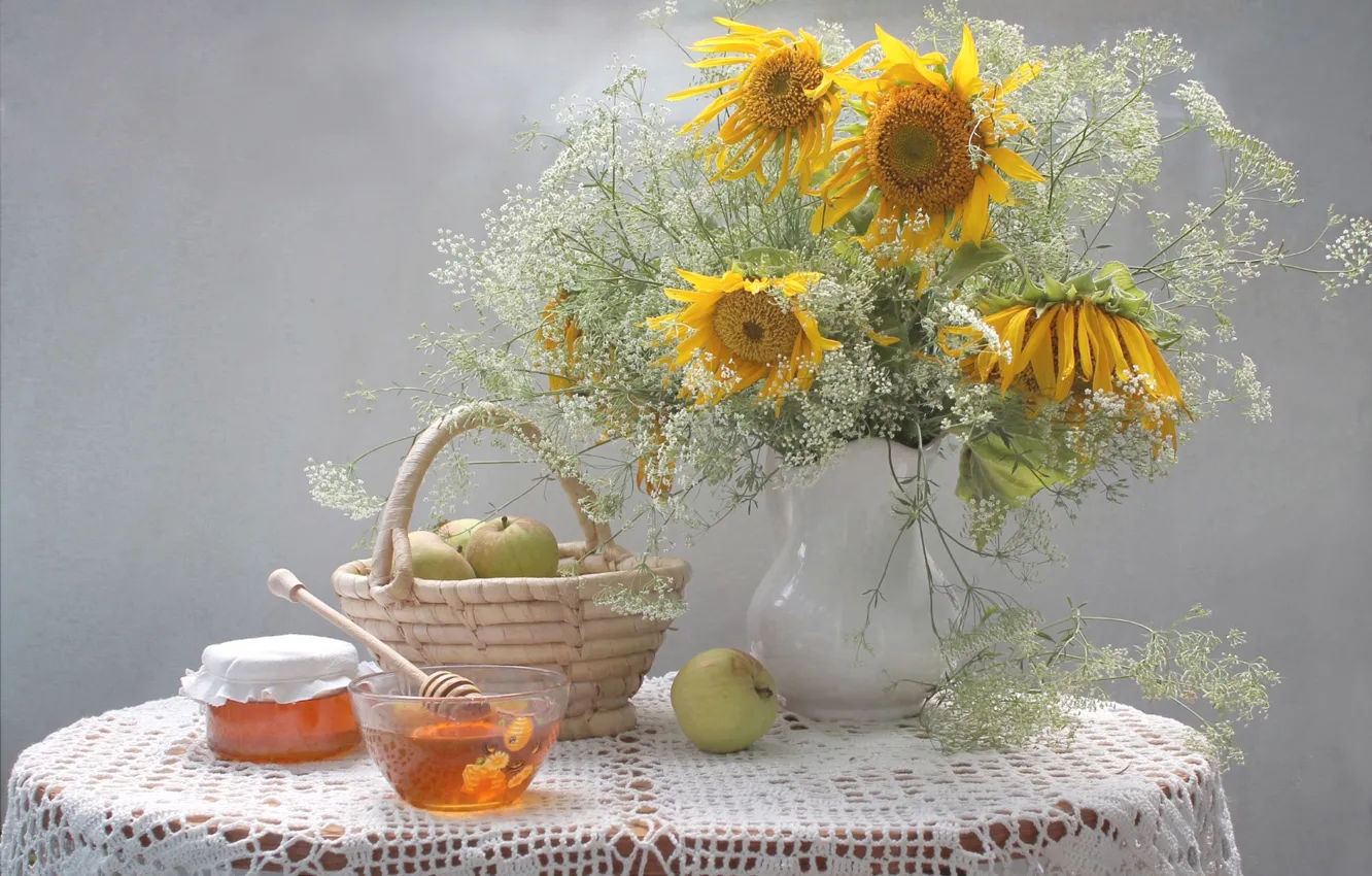 Photo wallpaper sunflowers, apples, bouquet, honey