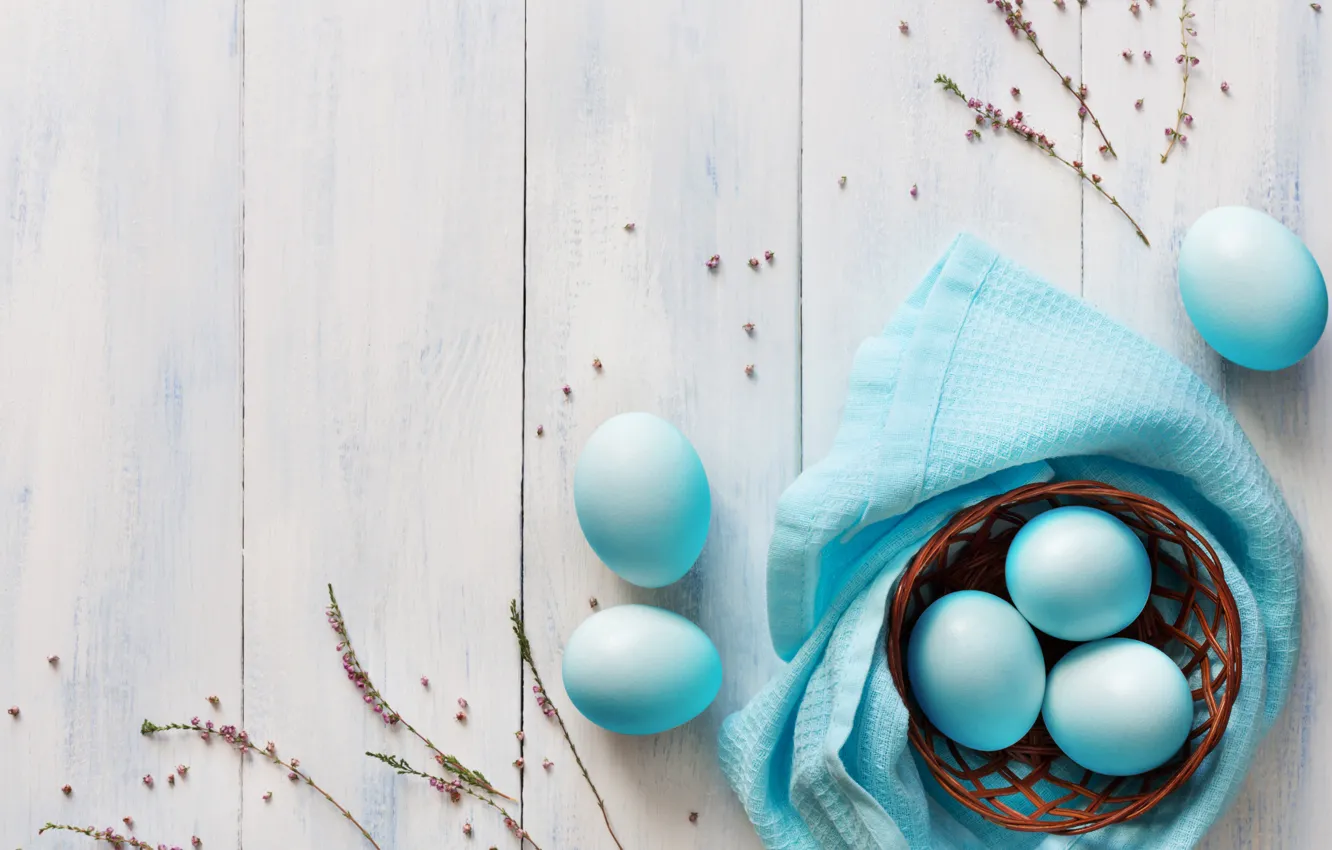 Photo wallpaper basket, eggs, blue, Easter, wood, blue, spring, Easter