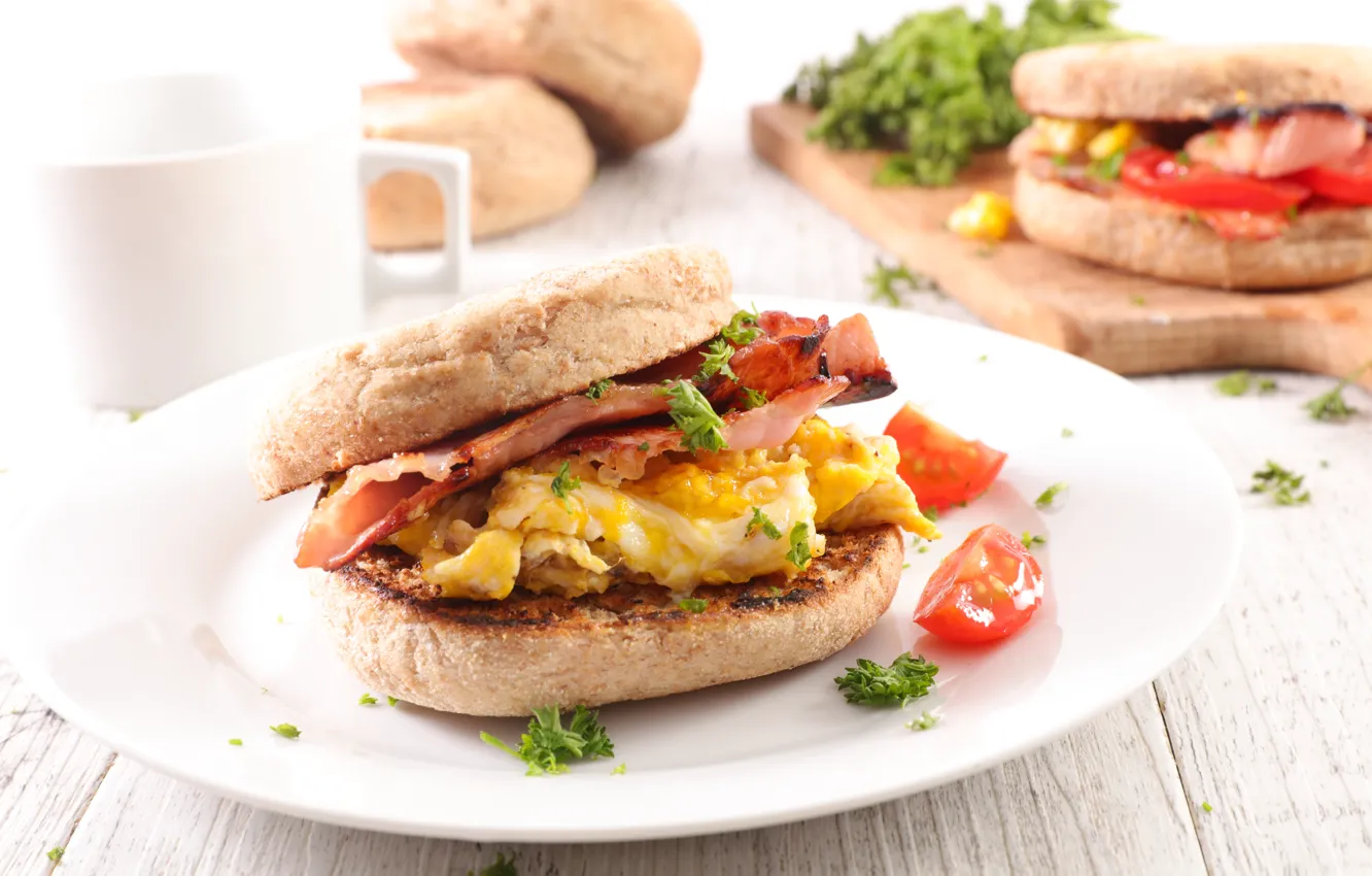 Photo wallpaper food, Breakfast, cheese, bread, sandwich, vegetables, tomatoes-cherry