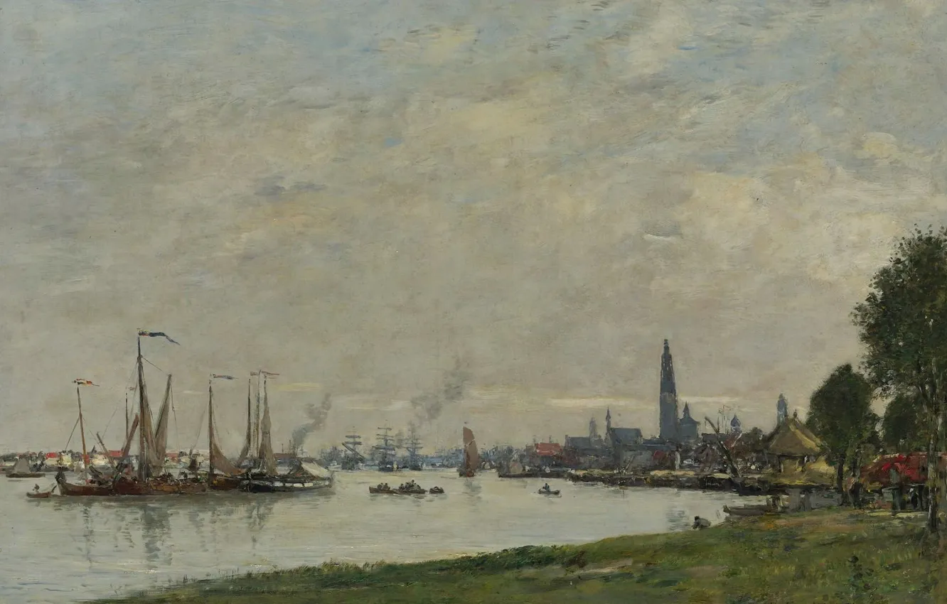 Photo wallpaper landscape, the city, ships, picture, harbour, Eugene Boudin, Eugene Boudin, Antwerp. Port. View to the …