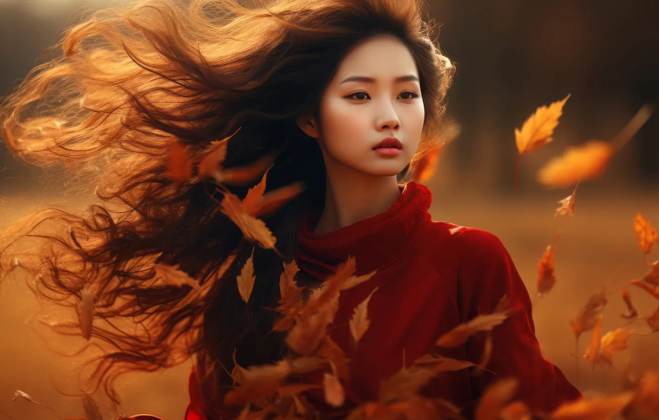 Photo wallpaper autumn, look, girl, light, nature, face, the wind, foliage