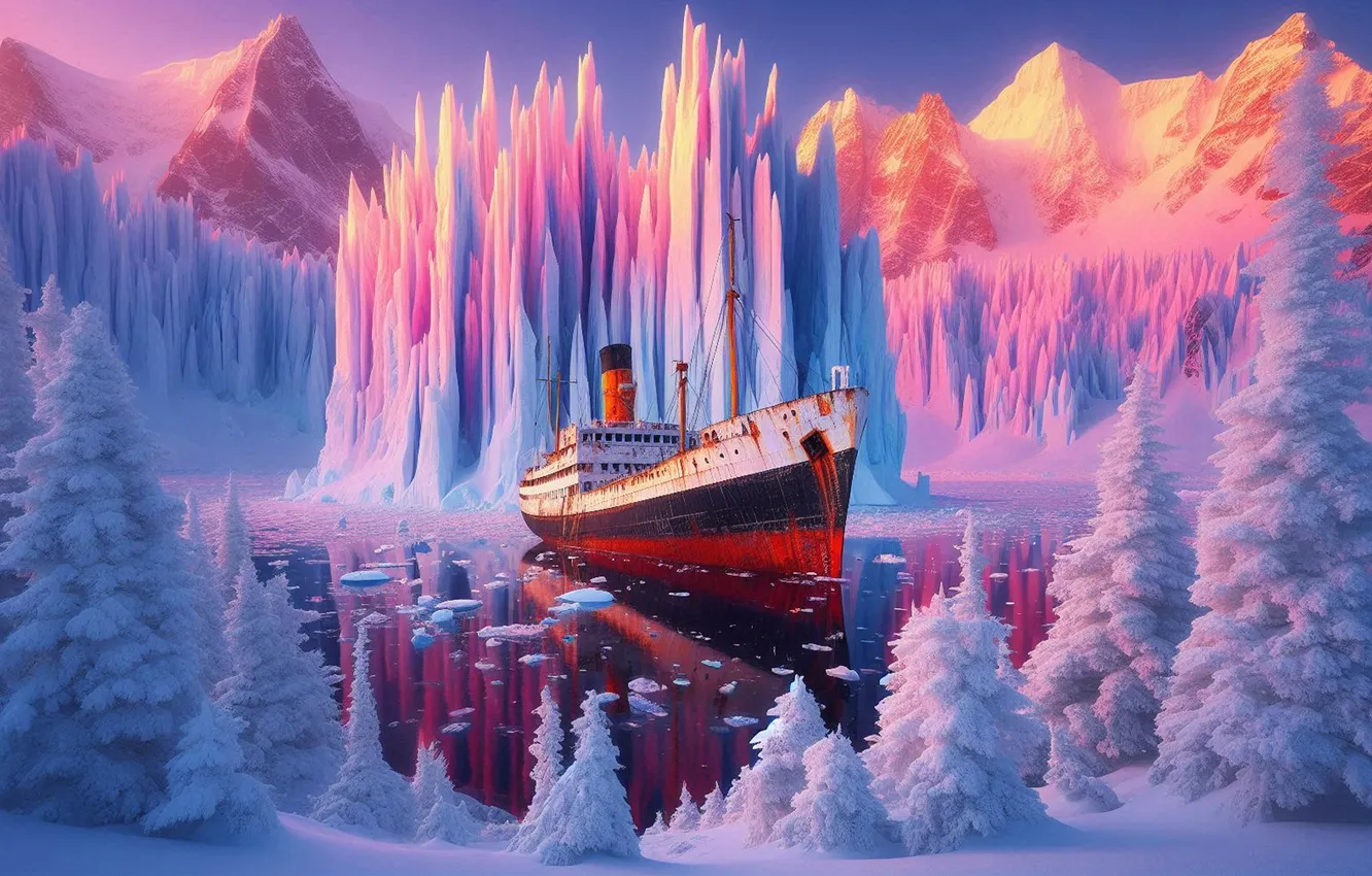 Photo wallpaper ice, winter, light, snow, mountains, reflection, rocks, dawn