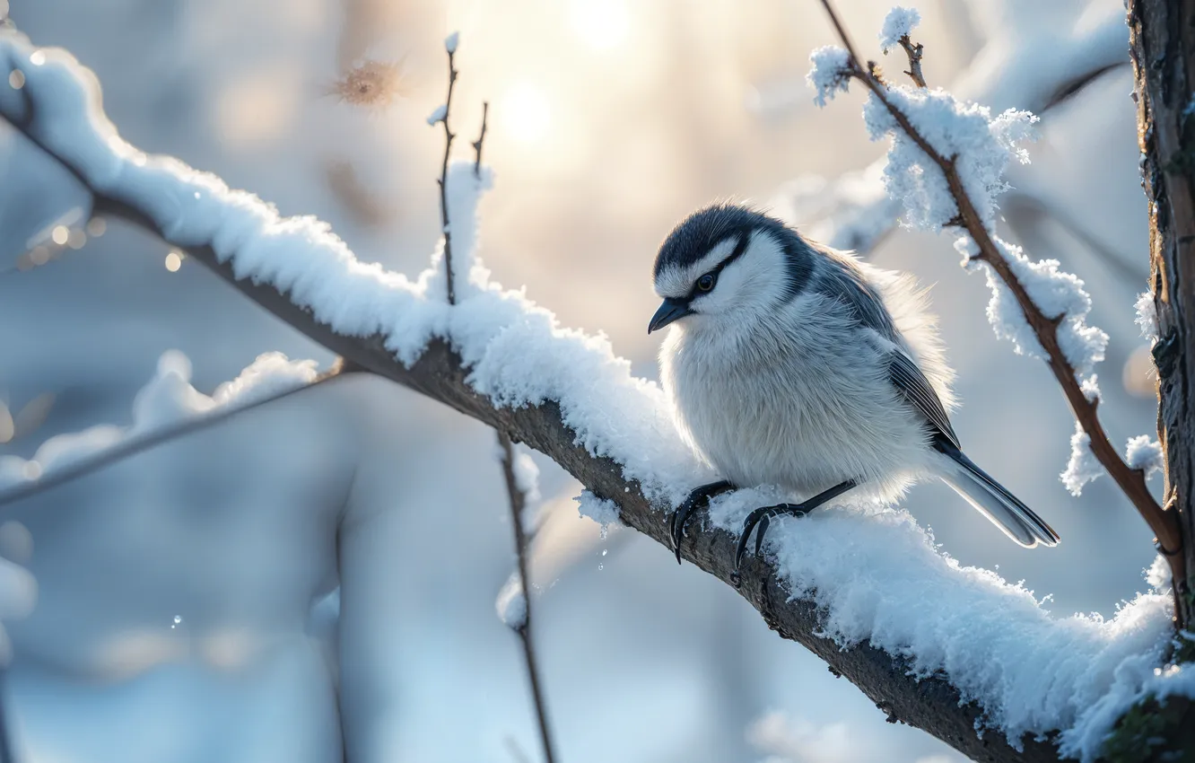 Photo wallpaper winter, light, snow, trees, branches, bird, morning, tit