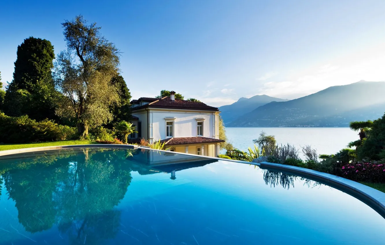 Photo wallpaper mountains, lake, Villa, pool, Italy, Como, Villa Giuseppina