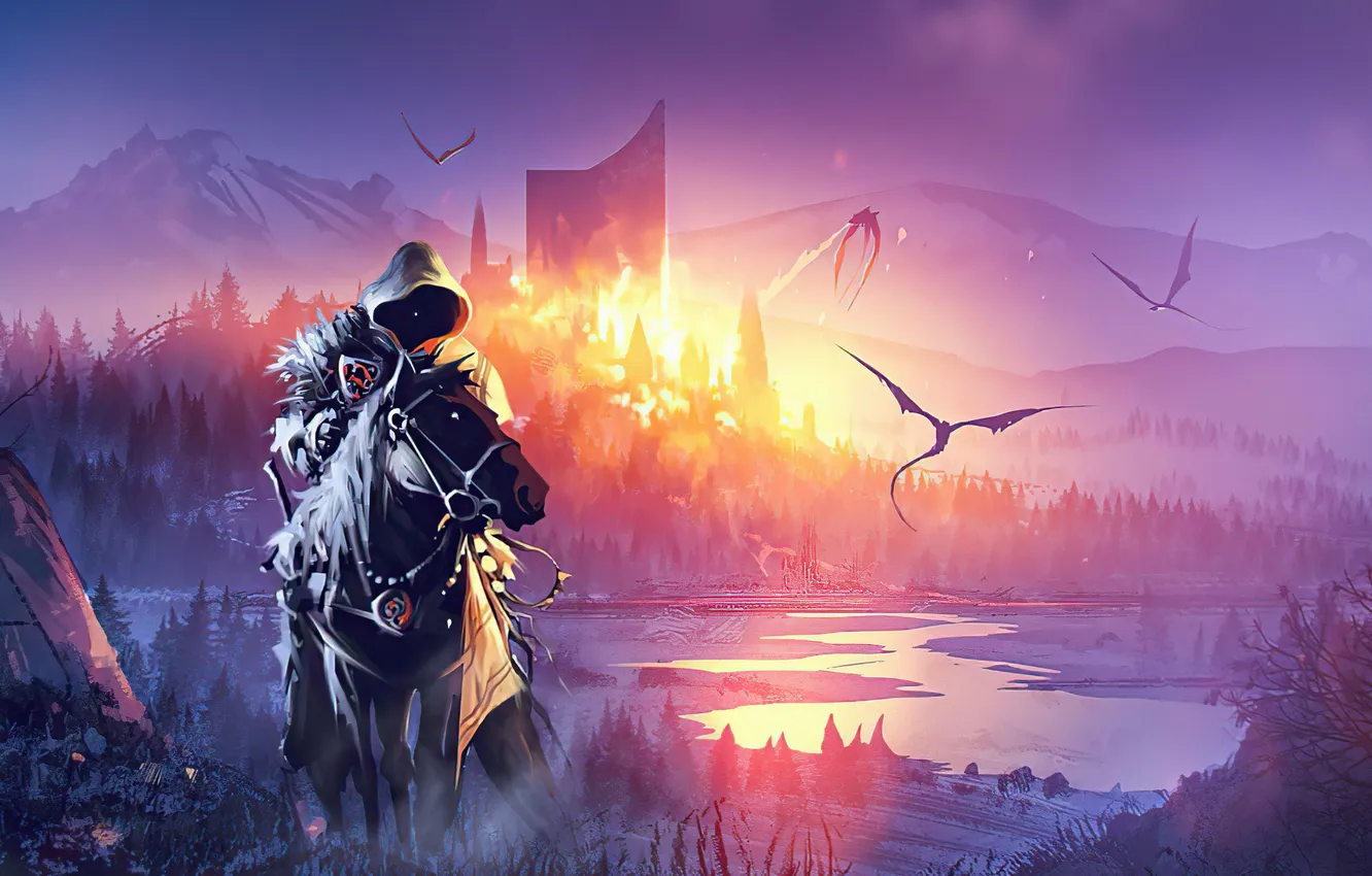 Photo wallpaper fire, fantasy, sky, dragon, horse, castle, digital art, artwork