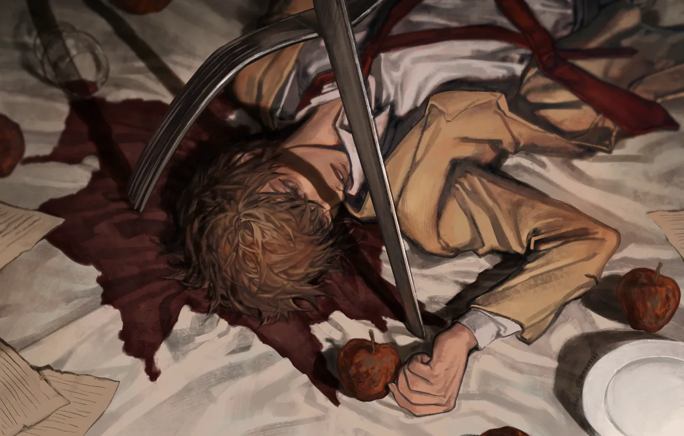 Photo wallpaper wine, apples, knife, guy, plug, Death Note, Light Yagami