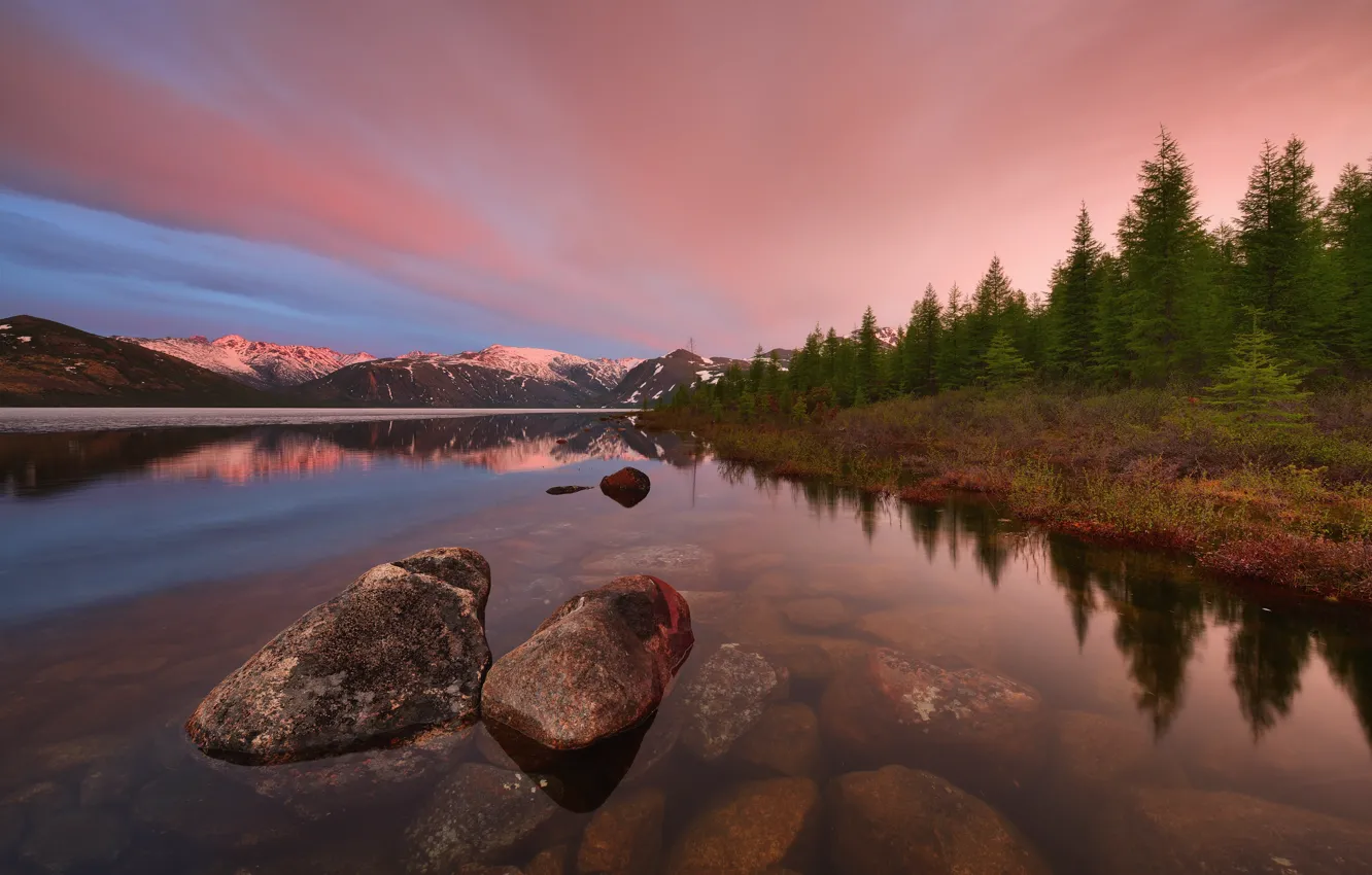 Photo wallpaper water, trees, nature, Kolyma, Maxim Evdokimov, the lake of Jack London