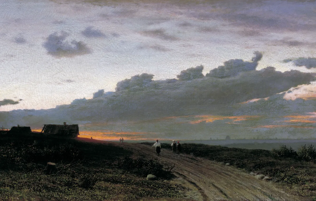 Photo wallpaper road, clouds, 1874, Orel province, Evening view in the village, Michael (K.) KLODT