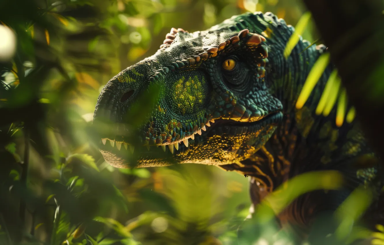 Photo wallpaper look, face, leaves, animal, dinosaur, predator, head, fern