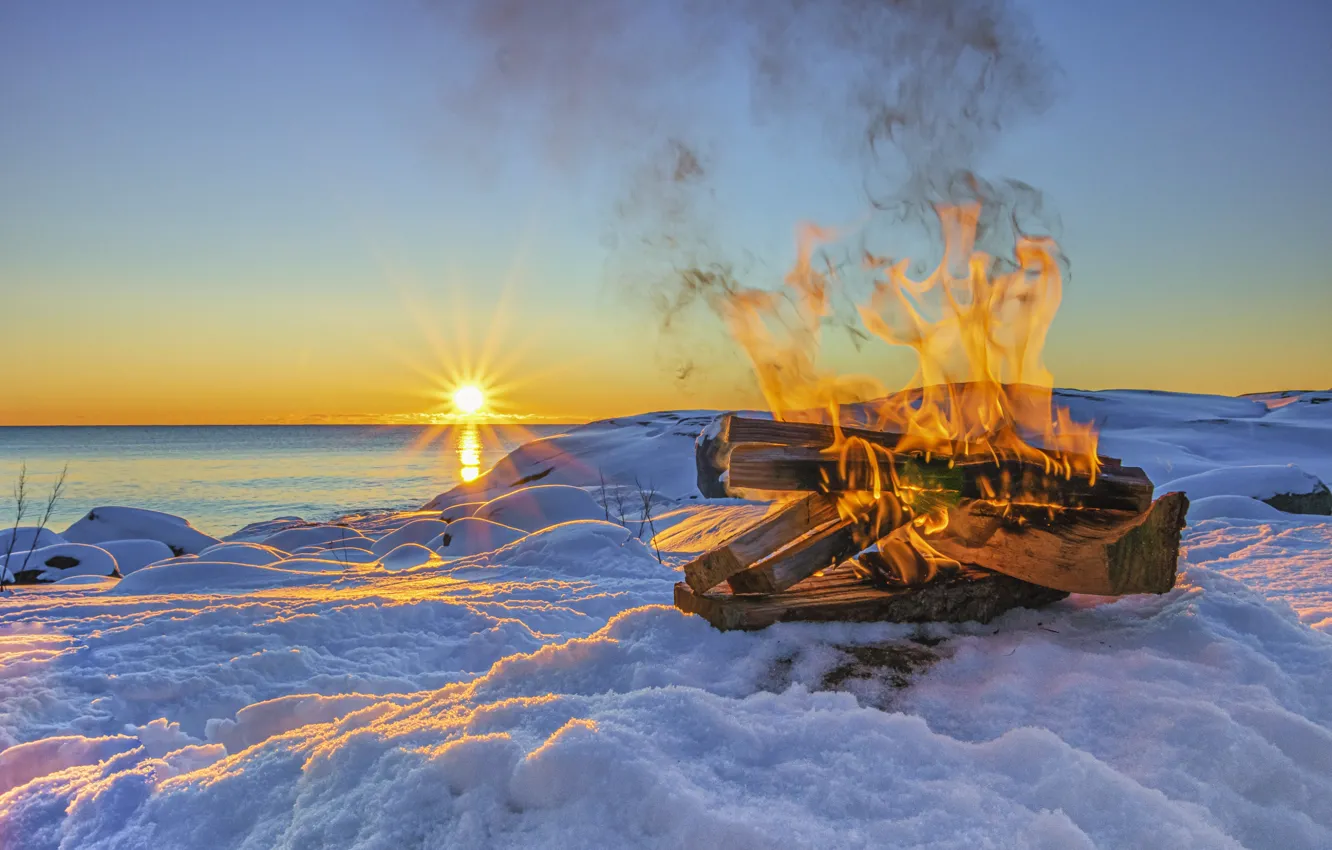 Photo wallpaper snow, the fire, Norway, wood, Arendal, Raet National Park