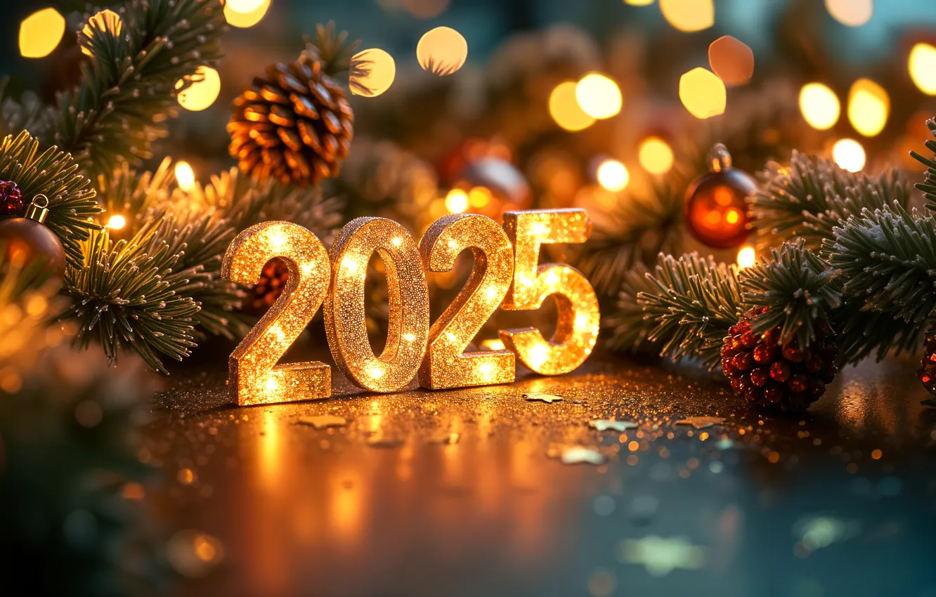 Photo wallpaper balls, light, branches, reflection, lights, tree, new year, figures