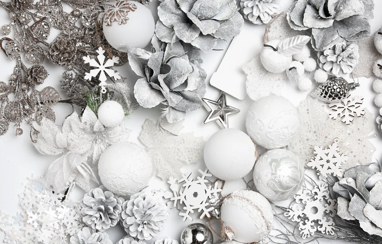 Photo wallpaper stars, balls, flowers, snowflakes, toy, silver, new year, Christmas