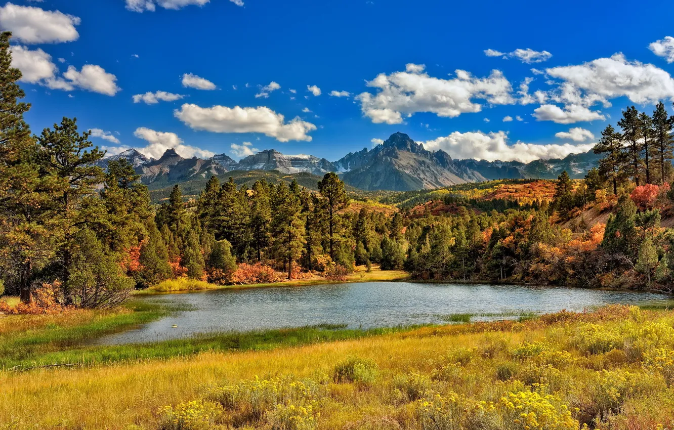 Photo wallpaper autumn, grass, clouds, trees, mountains, lake, Sunny