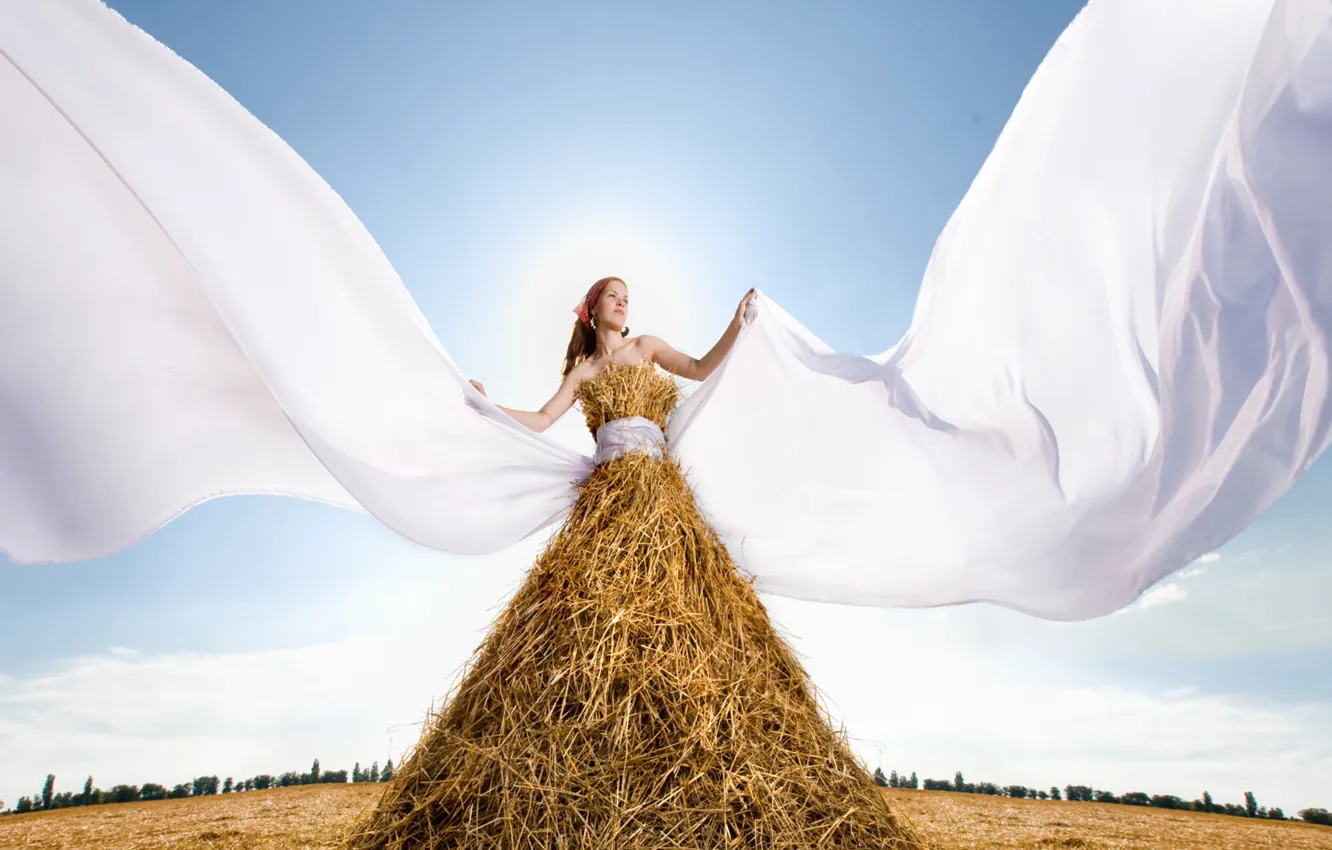 Photo wallpaper field, straw, fabric in the wind