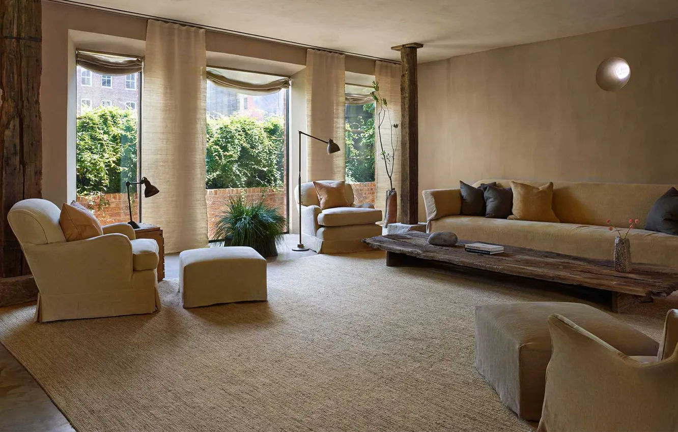 Photo wallpaper design, style, room, interior, New York, living room with a view of the outdoor terrace, …