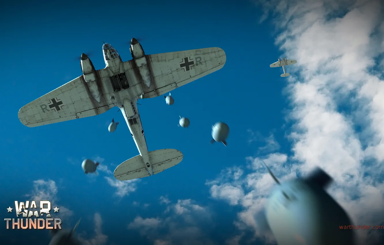 Photo wallpaper the sky, clouds, bomber, bombs, German, average, Heinkel, War Thunder