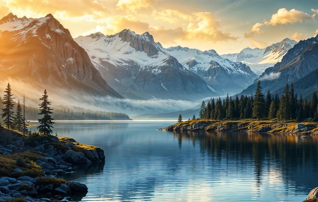 Photo wallpaper winter, snow, mountains, nature, river, landscape, winter, snowy