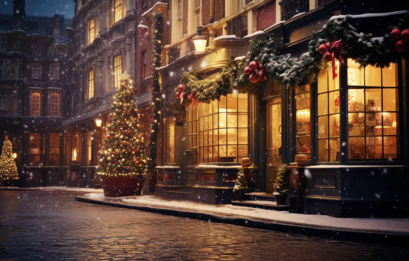 Photo wallpaper winter, snow, decoration, night, the city, lights, street, tree