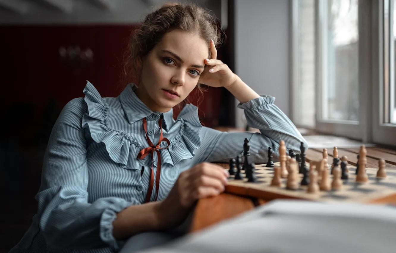 Photo wallpaper look, girl, pose, model, portrait, makeup, chess, dress